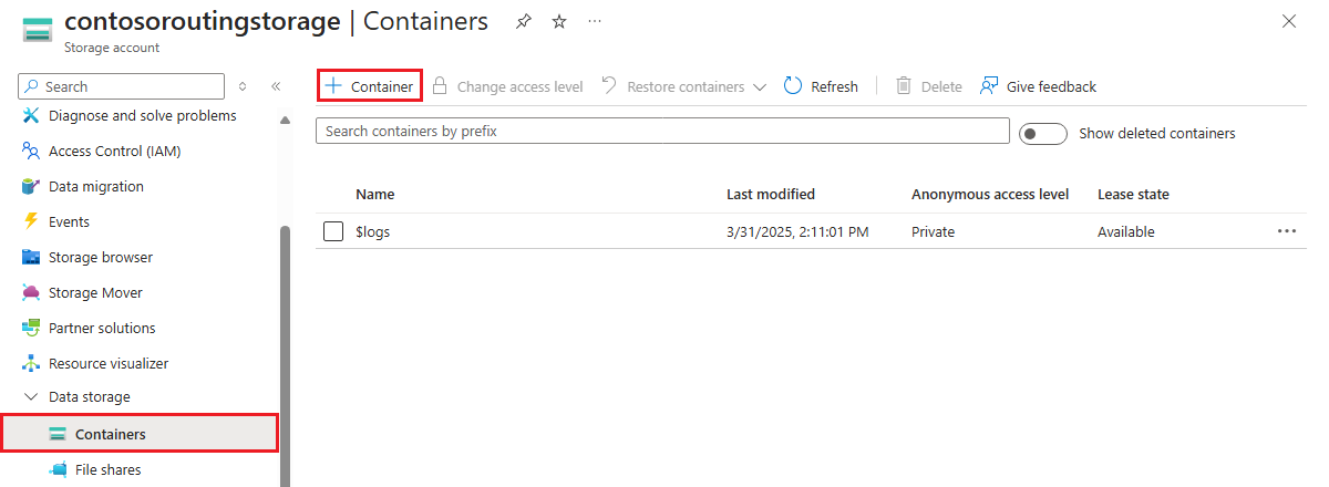 Azure portal でストレージ アカウントのコンテナーを作成する方法を示すスクリーンショット。