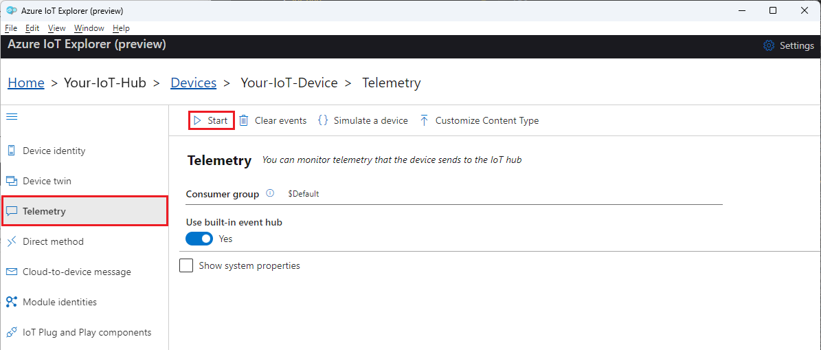 Azure IoT Explorer のデバイスの [テレメトリ] ウィンドウを示すスクリーンショット。デバイス テレメトリの監視を開始する方法が強調表示されています。