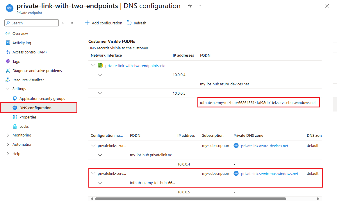 それぞれ IoT Hub プライベート リンクが指定されている、2 つのプライベート エンドポイントを示すスクリーンショット