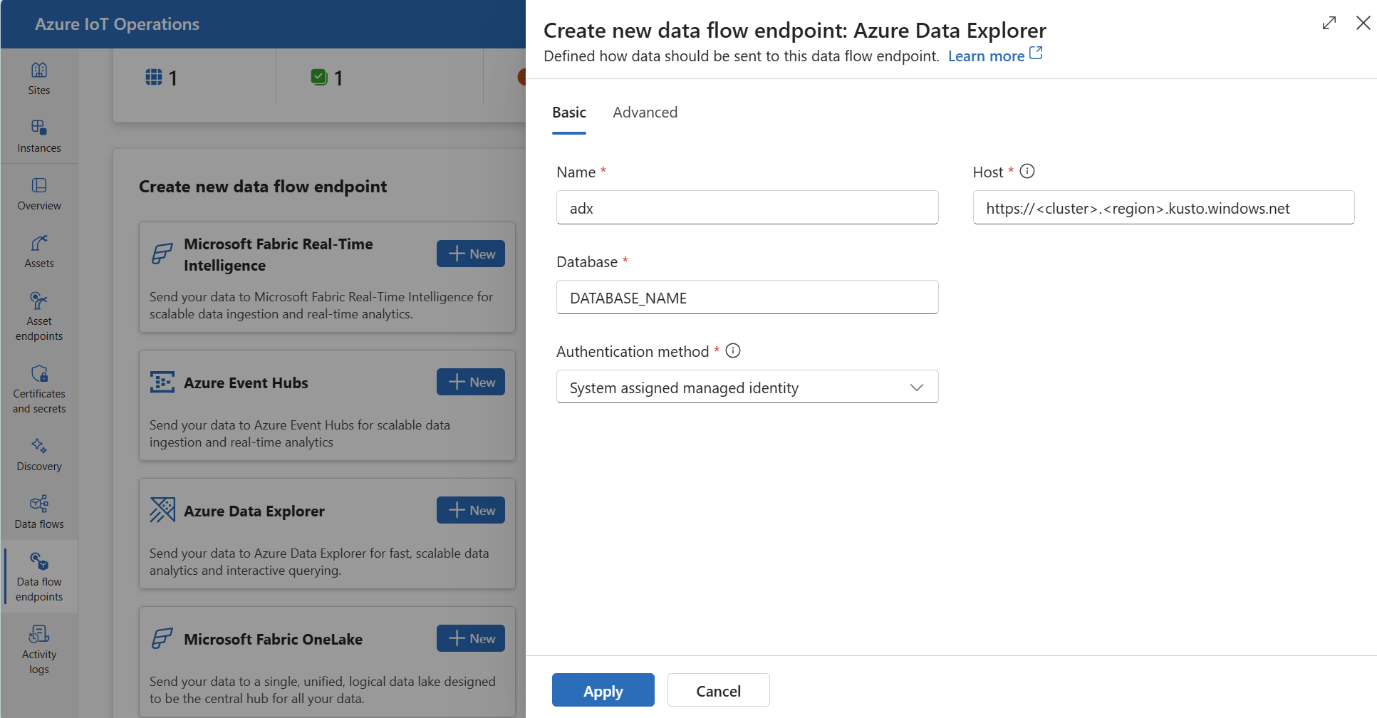 操作エクスペリエンスを使用して Azure Data Explorer データ フロー エンドポイントを作成するスクリーンショット。