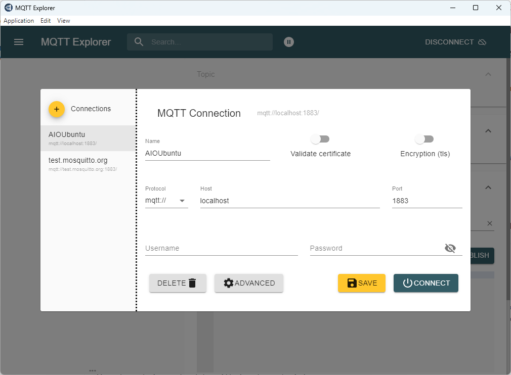 MQTT Explorer の localhost 構成を示すスクリーンショット。