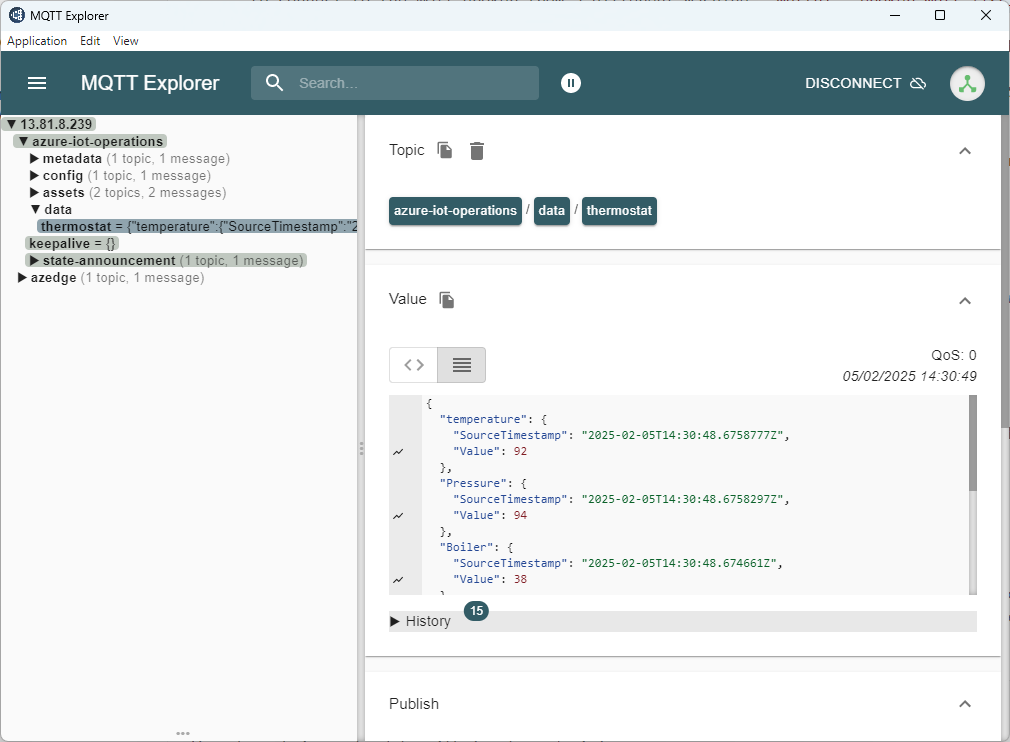 Azure IoT Operations トピックにサブスクライブされた MQTT Explorer を示すスクリーンショット。