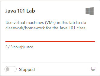クォータが使用されているときの Azure Lab Services のラボ VM タイルのスクリーンショット。