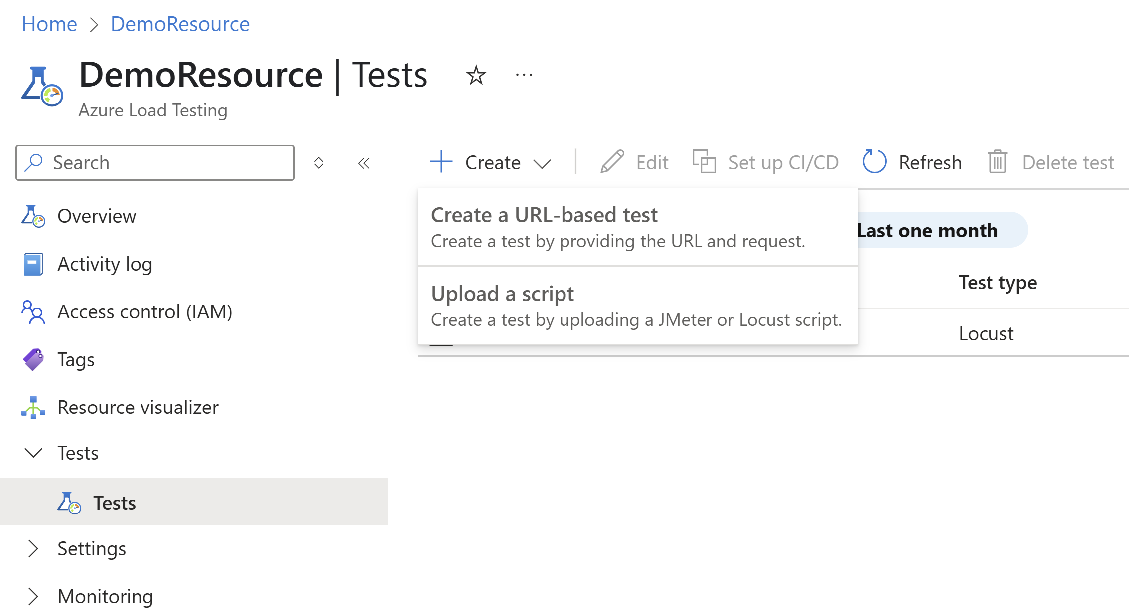 Azure portal で新しいテストを作成するためのオプションを示すスクリーンショット。