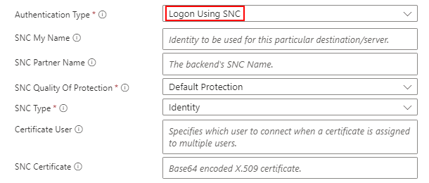 SNC が Standard ワークフローに対して有効になっている、 SAP の組み込み接続パラメーターを示すスクリーンショット。