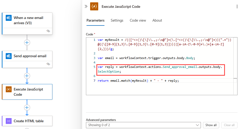 従量課金ワークフローと更新されたサンプル コード スニペットを含む [JavaScript コードの実行] アクションを示すスクリーンショット。