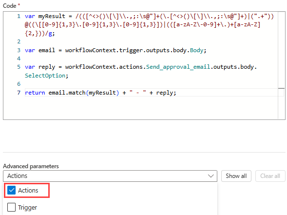 [アクション] パラメータが選択された [JavaScript コードの実行] アクションを示すスクリーンショット。