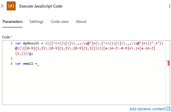 従量課金ワークフロー、[JavaScript コードの実行] アクション、変数を作成するサンプル コードを示すスクリーンショット。