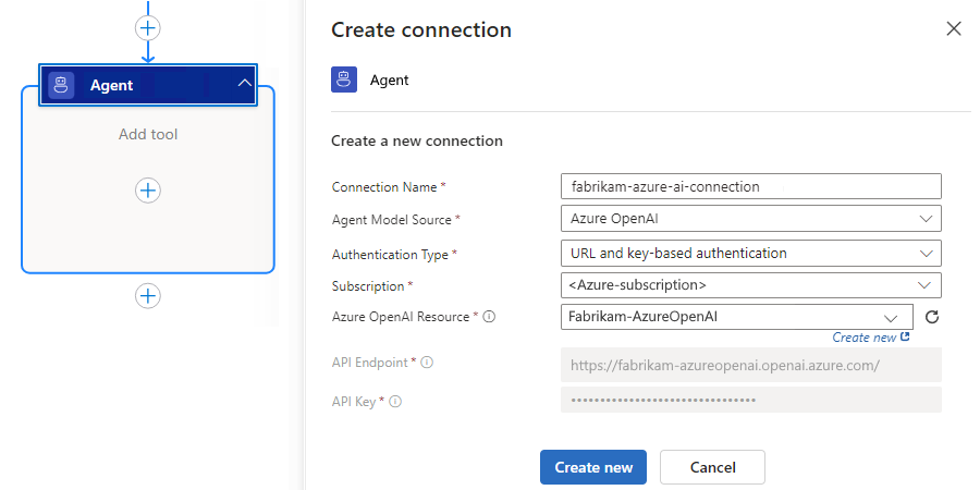 Standard ワークフロー デザイナー、空のエージェント アクション、およびエージェント接続ペインを示すスクリーンショット。