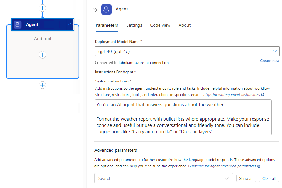 Standard ワークフロー デザイナー、空のエージェント アクション、およびエージェント情報ペインを示すスクリーンショット。