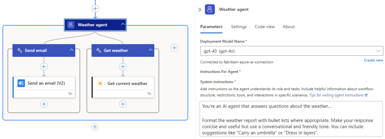 Azure portal、Standard ワークフロー デザイナー、ツール構造のサンプル エージェントを示すスクリーンショット。