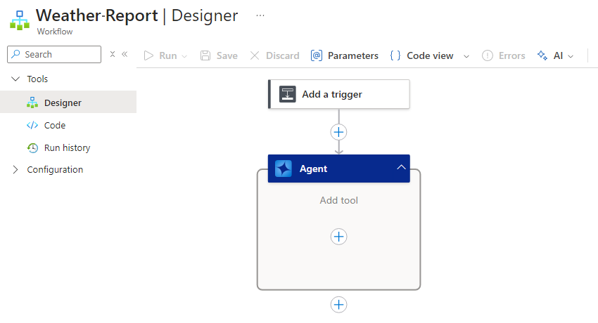 Azure portal、Standard ワークフロー デザイナー、初期自律エージェント ワークフロー構造を示すスクリーンショット。