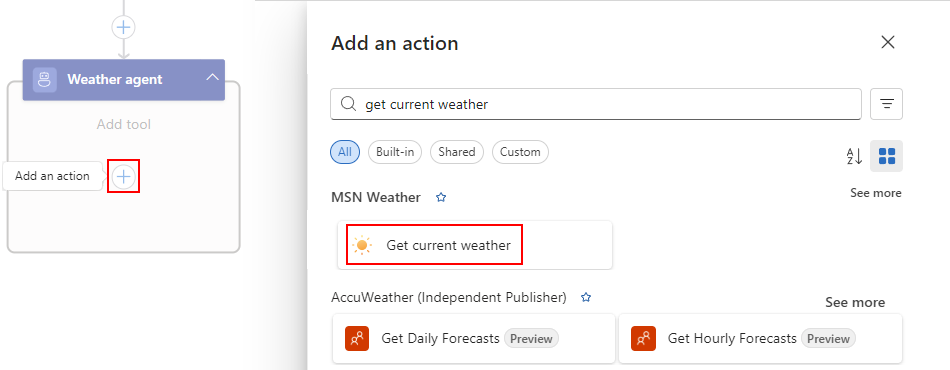 標準ワークフロー デザイナー、空のエージェント、ツールの作成を開始するための選択されたアクションを示すスクリーンショット。
