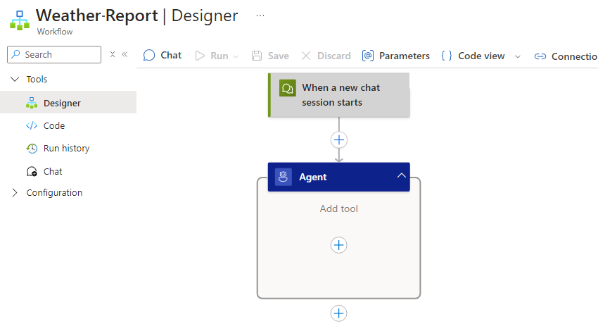 Azure portal、Standard ワークフロー デザイナー、および初期会話型エージェント ワークフロー構造を示すスクリーンショット。