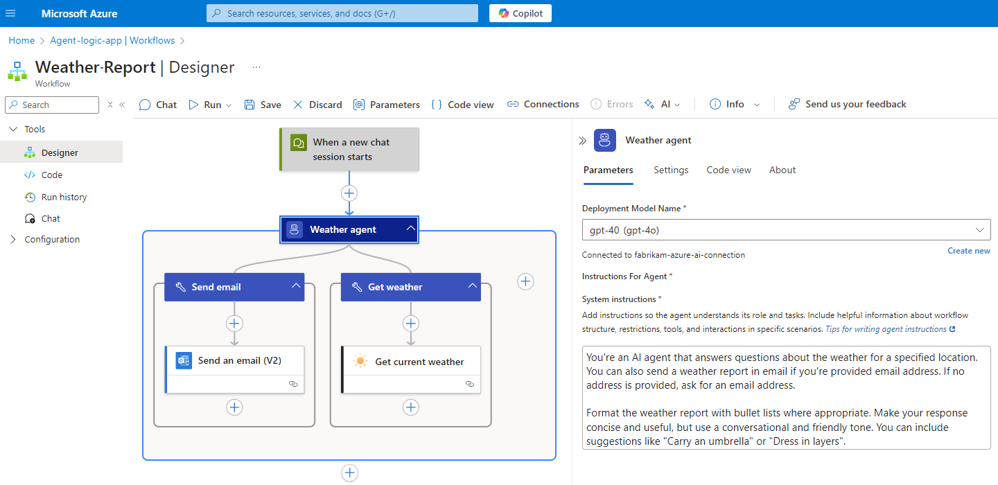 Azure portal、Standard ワークフロー デザイナー、基本的な会話型エージェント ワークフローの例を示すスクリーンショット。
