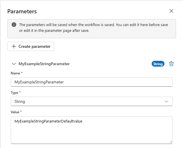 ワークフロー デザイナーを含む Azure portal と、パラメーター定義の例を示す [パラメーター] ウィンドウを示すスクリーンショット。