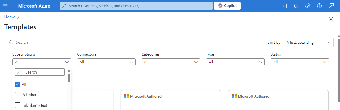 スクリーンショットは、Azure portal、従量課金ワークフロー用のテンプレート ギャラリー、および Azure サブスクリプションの例でフィルター処理されたサブスクリプションの一覧を示しています。