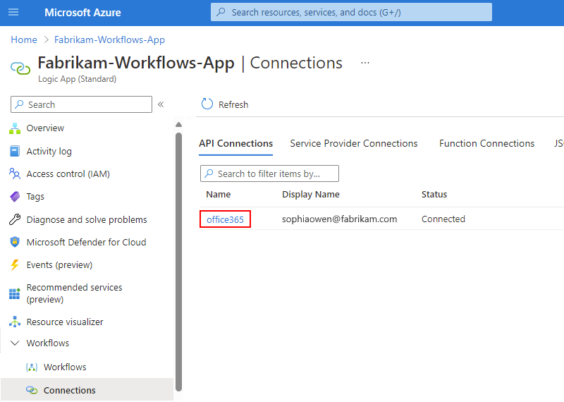[接続] という名前の項目が選択され、[office365] という名前の接続リソースが選択されたロジック アプリ メニューを示すスクリーンショット。