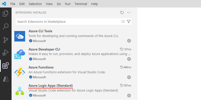 Azure Logic Apps (Standard) 拡張機能がインストールされた Visual Studio Code を示すスクリーンショット。