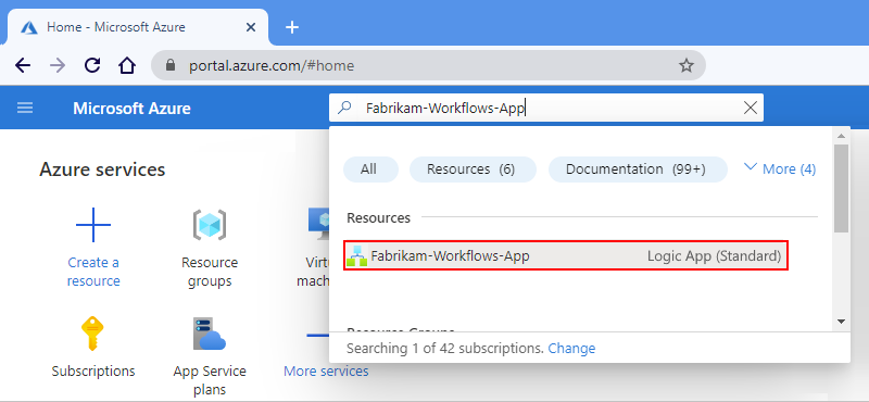 ロジック アプリ名が入力された Azure 検索ボックスを示すスクリーンショット。