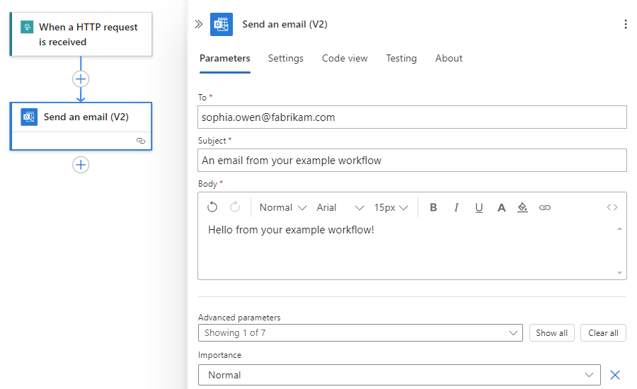 スクリーンショットは、[メールの送信] という名前の Office 365 Outlook アクションの情報を示しています。