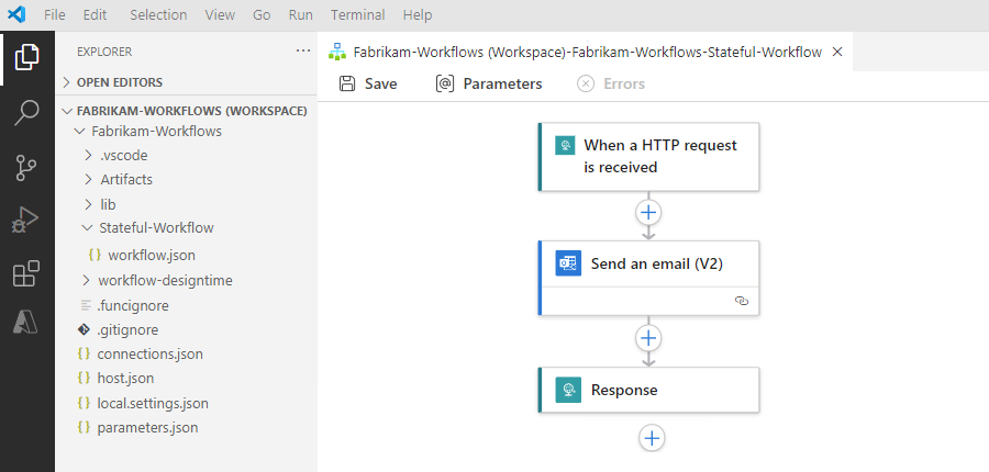 Visual Studio Code、ロジック アプリ ワークスペース、プロジェクト、ワークフローを示すスクリーンショット。