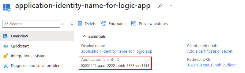 下線付きのアプリケーション (クライアント) ID を示すスクリーンショット。
