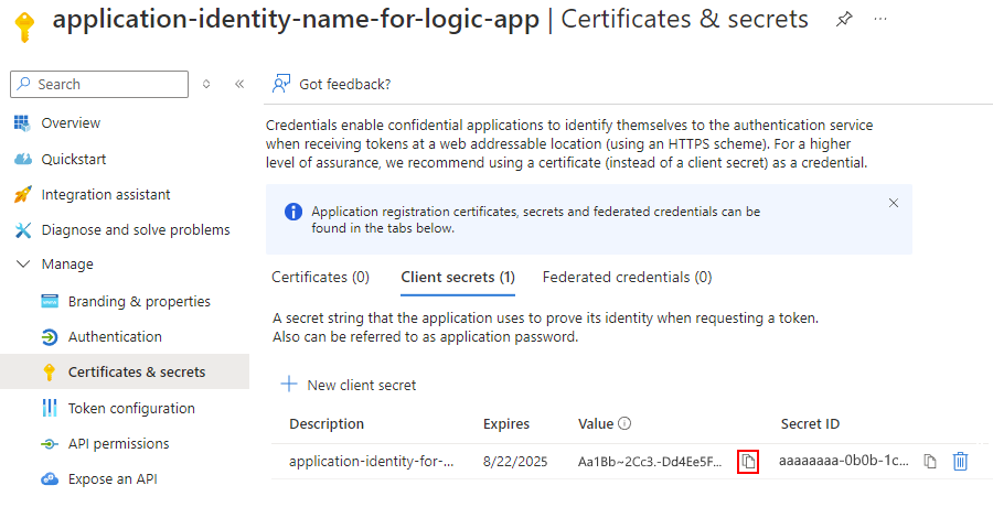 シークレット値とシークレット ID を示すスクリーンショット。シークレット値のコピー ボタンが選択されています。