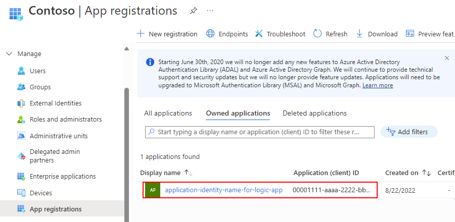 ロジック アプリのアプリケーション ID を示すスクリーンショット。