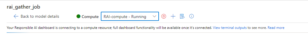 Responsible AI ダッシュボードがコンピューティング リソースに接続されていることを示すスクリーンショット。