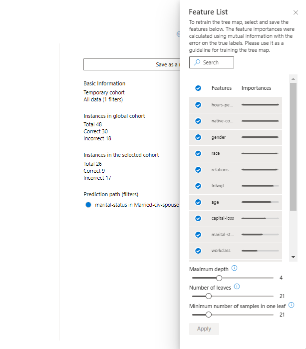 エラー分析ツリー マップの選択可能な特徴量を一覧表示する、ダッシュボード サイド パネルのスクリーンショット。