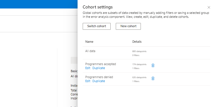 ダッシュボードのコーホートの設定を示すスクリーンショット。