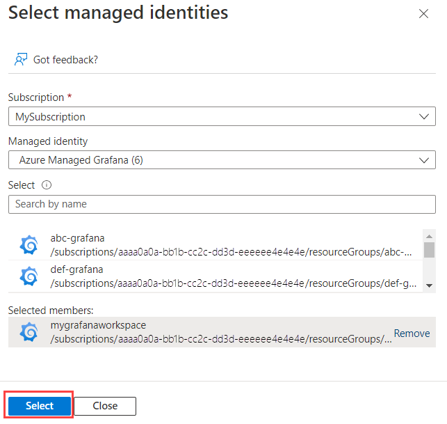 ワークスペースを選択中の Azure プラットフォームのスクリーンショット。