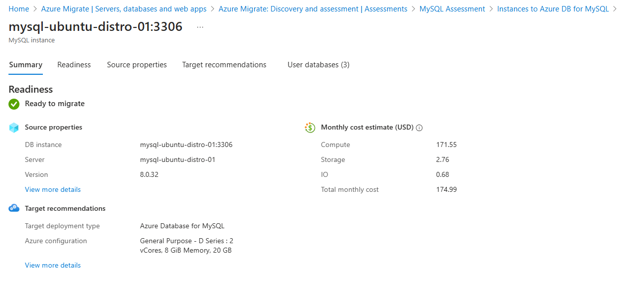 評価された MySQL インスタンスの準備状況を示すスクリーンショット。