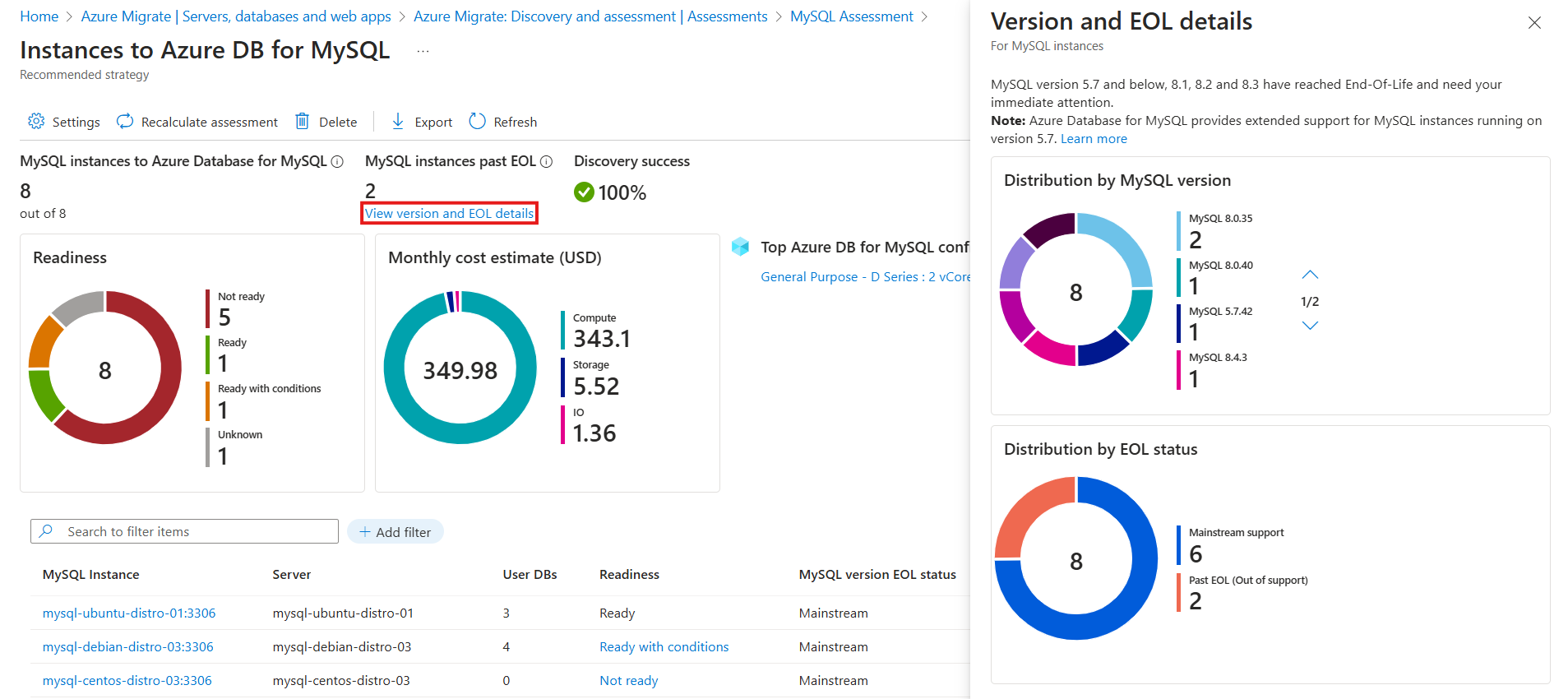 MySQL のバージョンを表示する方法と、その有効期間の詳細を表示する方法のスクリーンショット。