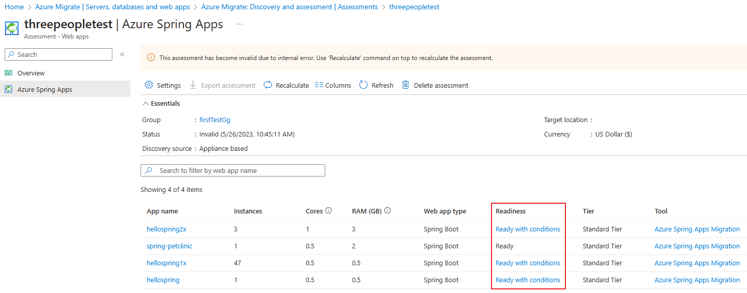 Azure Spring Apps の対応性の詳細のスクリーンショット。