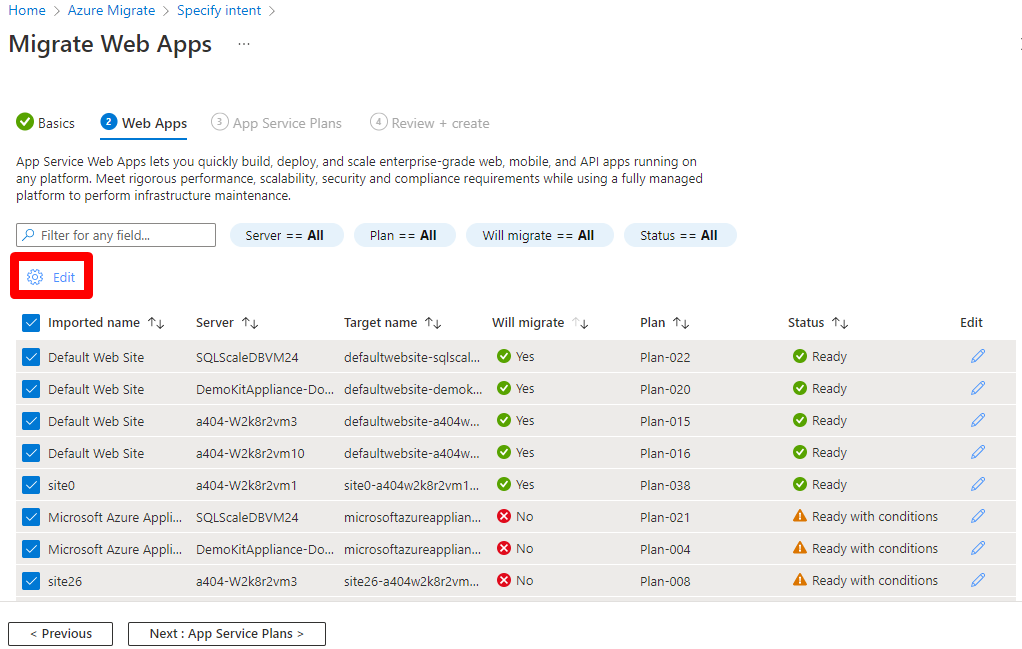 選択した Azure Migrate Web アプリのスクリーンショット。