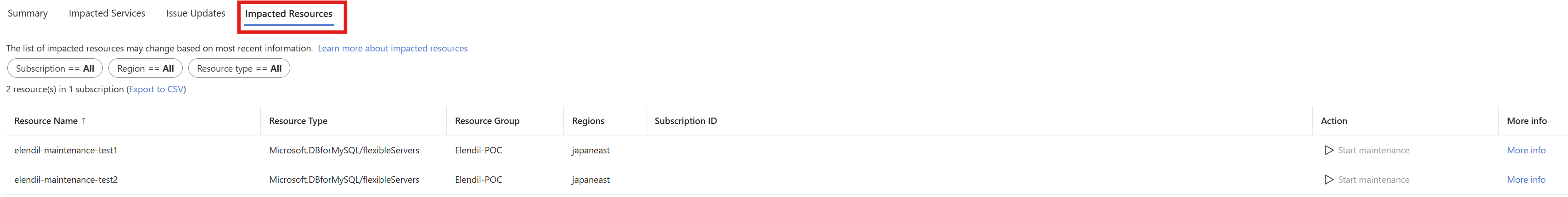 影響を受けたリソース ページを示すスクリーンショット。