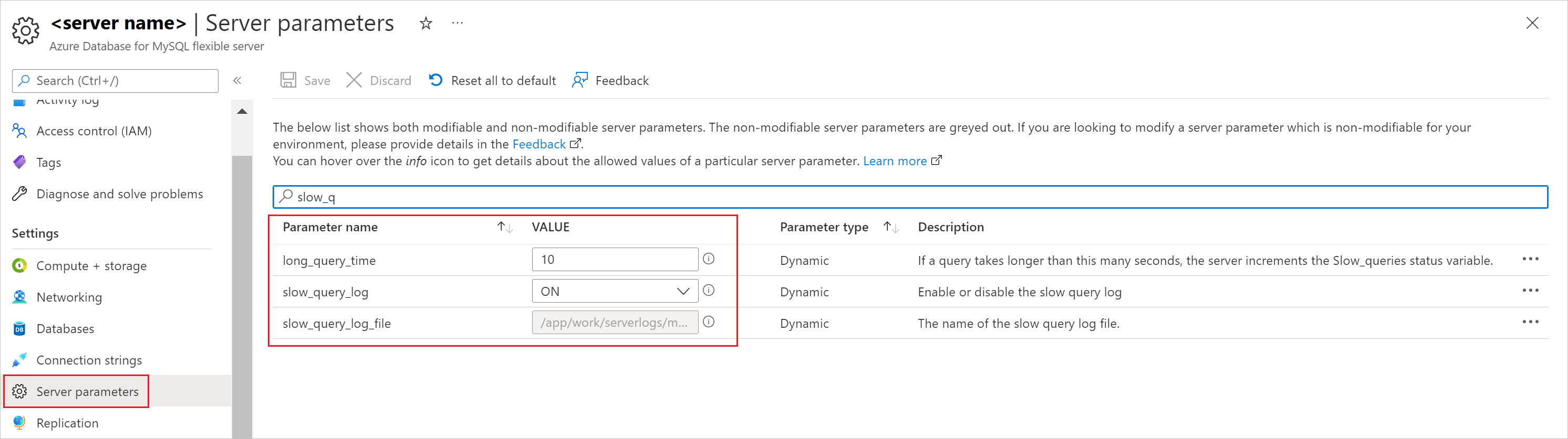 Azure Database for MySQL フレキシブル サーバーの低速クエリ ログ インターフェイスのスクリーンショット。