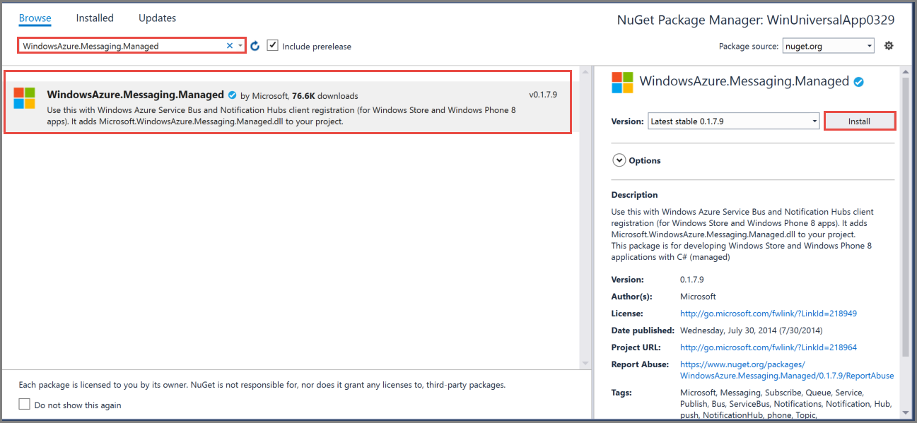 [NuGet パッケージの管理] ウィンドウ