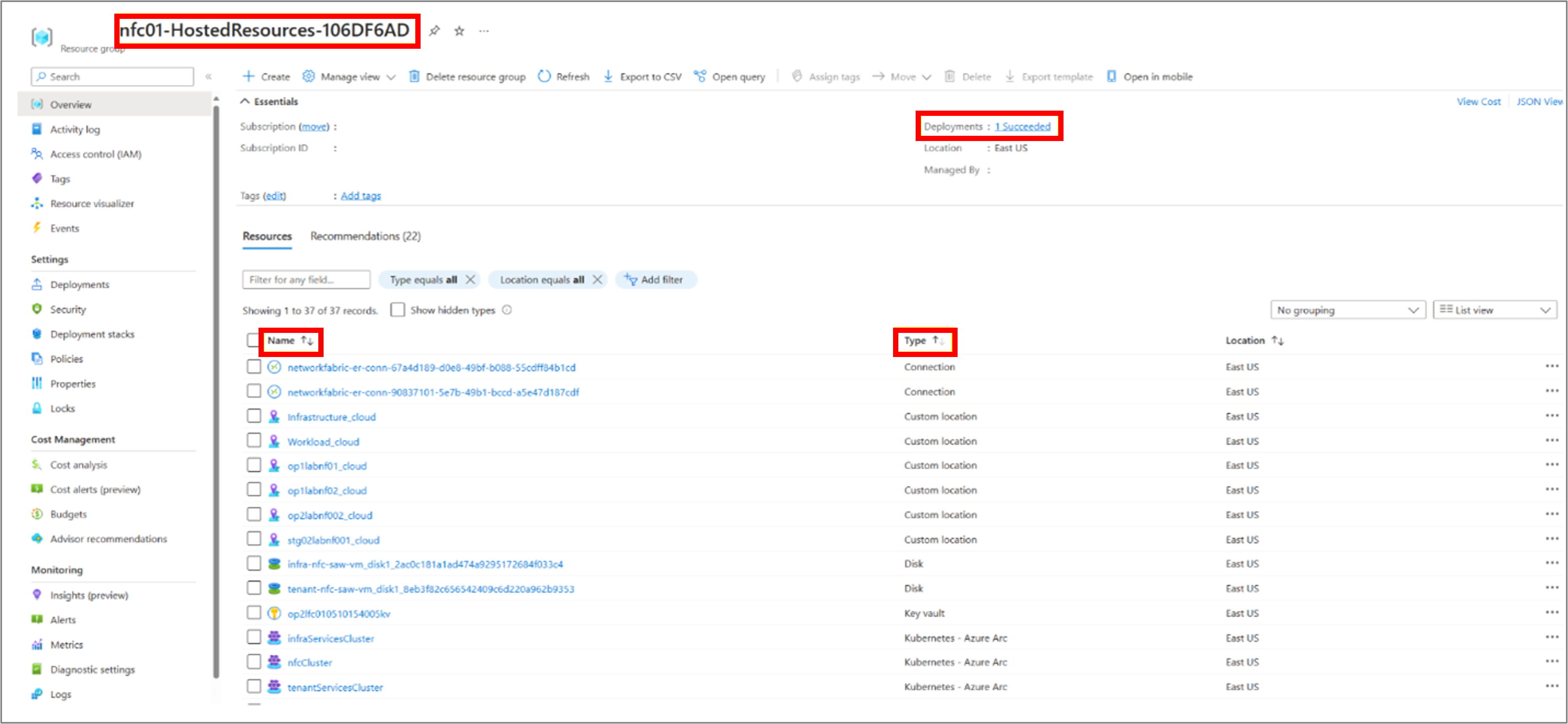A screenshot from the Azure portal showing a successful deployment in the East US ___location.