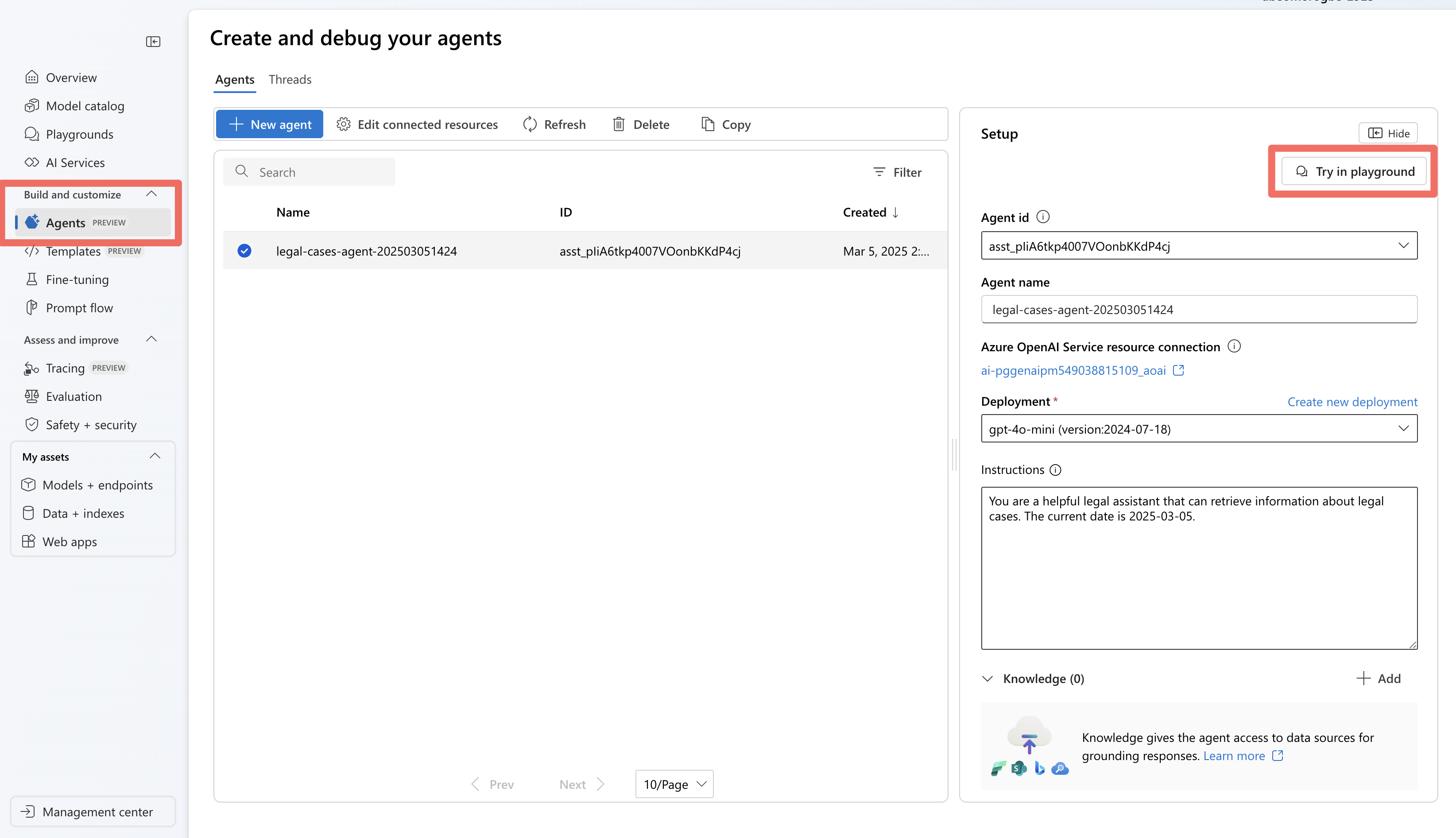 エージェントのプレイグラウンドを見つけるための選択を示すスクリーンショット。