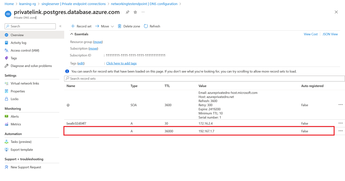 プライベート エンドポイントに割り当てられたプライベート IP アドレスを示すスクリーンショット。