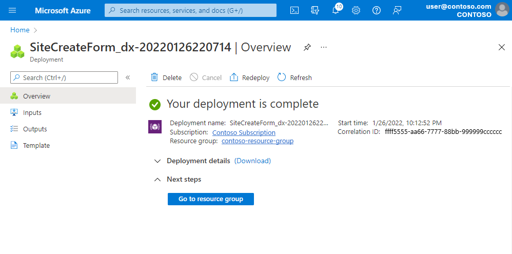 パケット コア インスタンスが正常にデプロイされたことを示す確認画面が表示されている Azure portal のスクリーンショット。