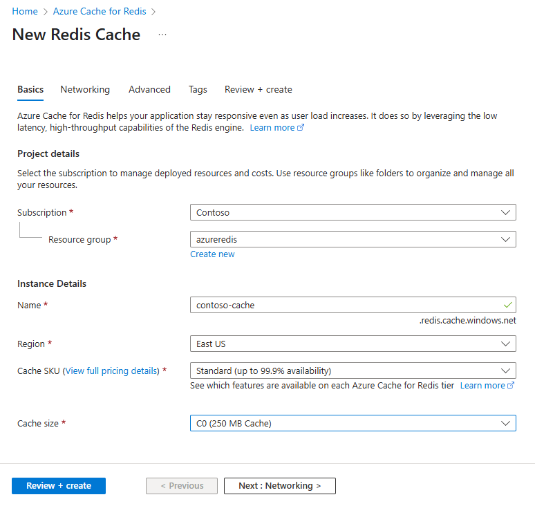 [新しい Redis Cache] ページの [基本] タブを示すスクリーンショット。