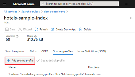 Azure portal の [スコアリング プロファイルの追加] オプションを示すスクリーンショット。