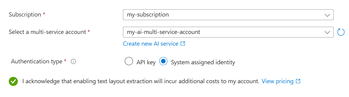 Azure AI ドキュメント インテリジェンスの構成オプションが選択されているウィザード ページのスクリーンショット。