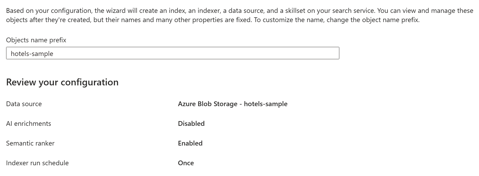 Azure portal のオブジェクト構成ページのスクリーンショット。
