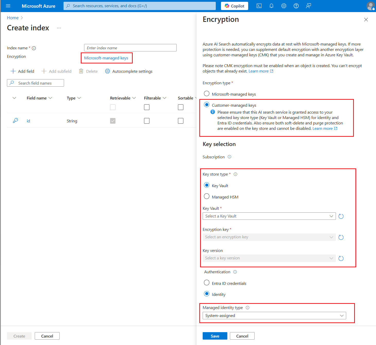 Azure portal の暗号化キー ページのスクリーンショット。