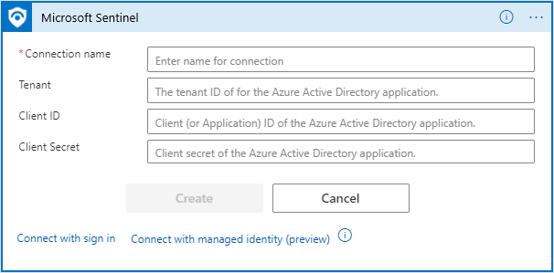 Connect with service principal パラメーターのスクリーンショット。